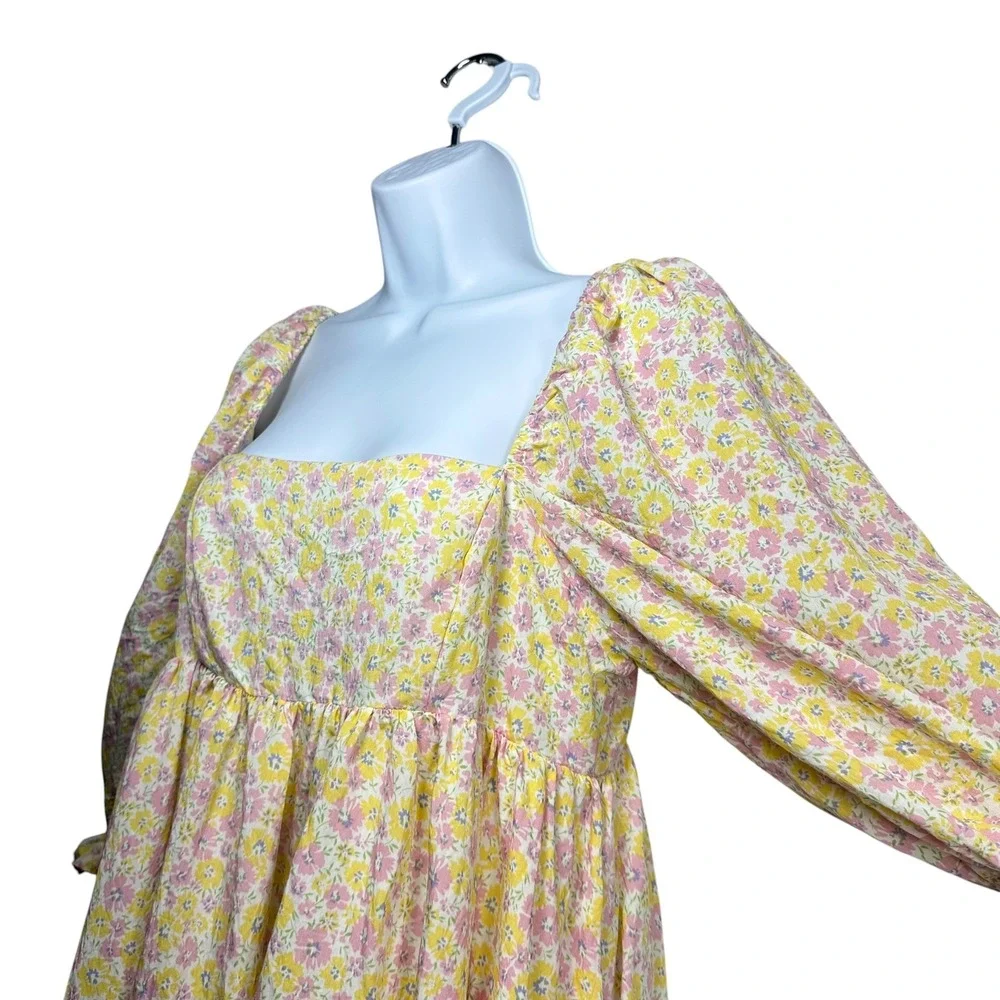 Storia Yellow Floral Puff Sleeve Babydoll Mini Dress M Square Neck Cottagecore - Picture 7 of 12